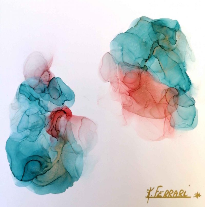 Cherry blue lagoon, techniques mixtes sur aluminium - 20 x 20 cm - Katia Ferrari