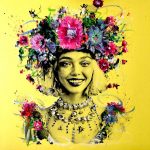 Jeune fille aux fleurs, techniques mixtes sur toile - 50 x 50 cm - Katia Ferrari