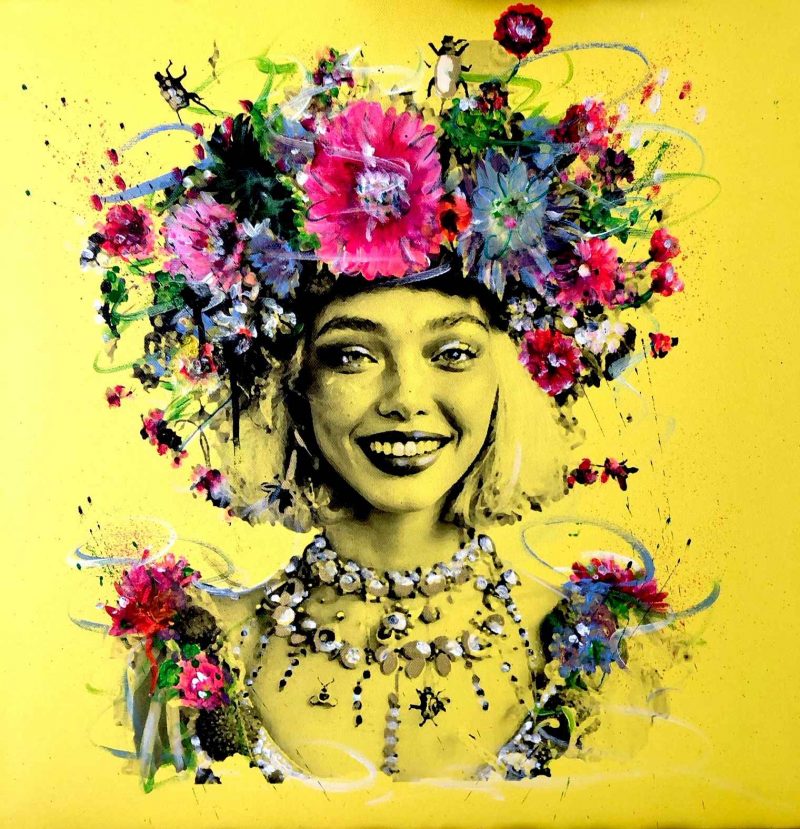 Jeune fille aux fleurs, techniques mixtes sur toile - 50 x 50 cm - Katia Ferrari