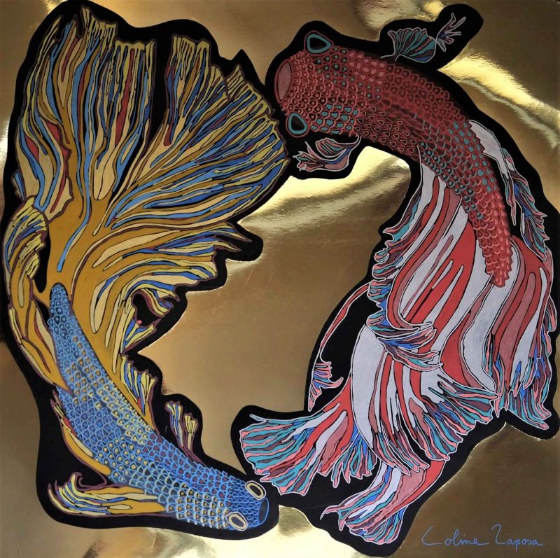 Velin d'arches - 50x50cm - Combat de poisson bettas - Coline Renard Raposa